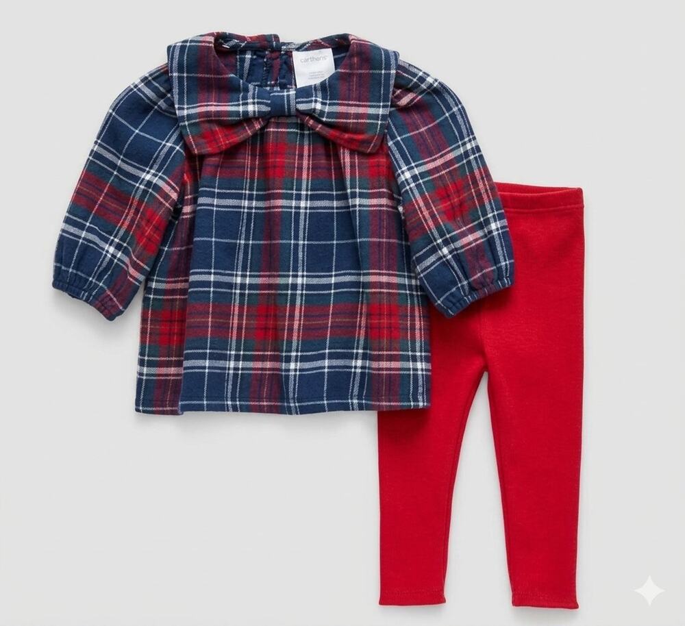 NEW! Okie Dokie Girls Holiday Plaid Outfit Set Flannel Top Leggings 2PC Size 9M